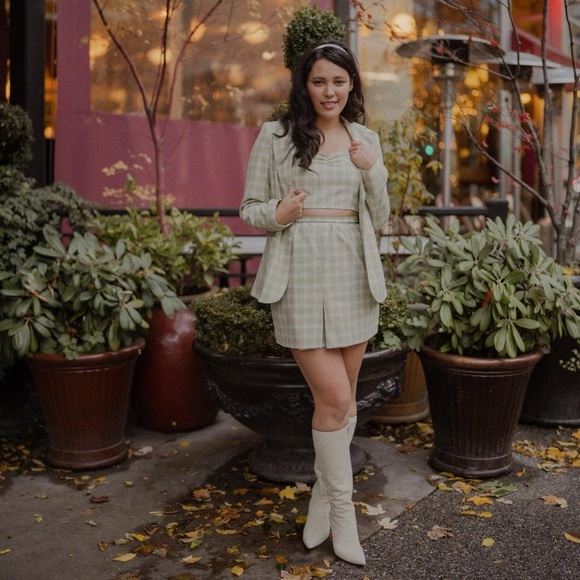 Reworked 60s vintage green plaid 4 piece set blazer, top, skirt and belt - Picture 7 of 8